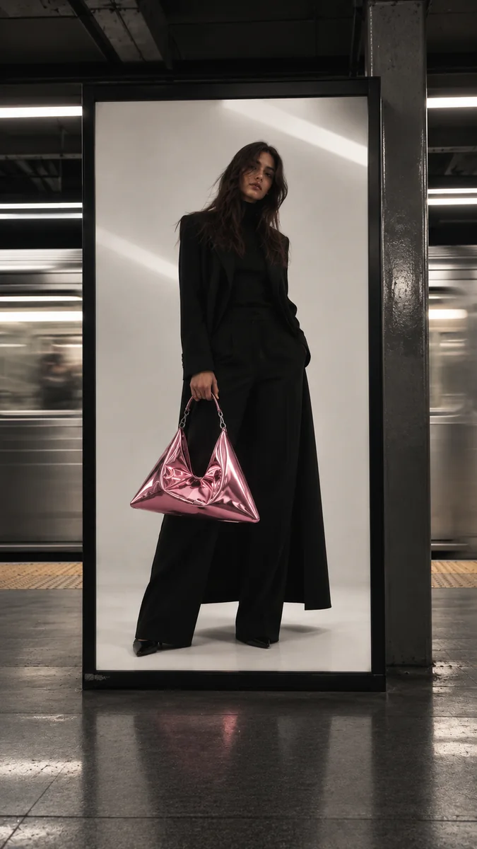 Rose chrome campaign displayed in a city setting
